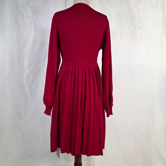 Long Sleeve Ribbed Knit Crew Neck Pleated Sweater Dresses Size Large - Picture 5 of 9